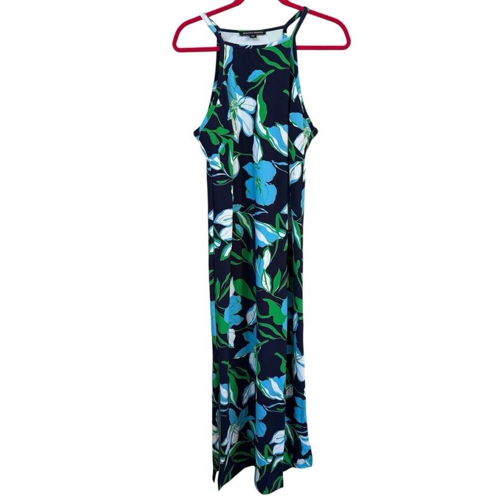 Boston Proper Halter Maxi Dress L Large Navy Blue Green White Floral Resort - Picture 2 of 8